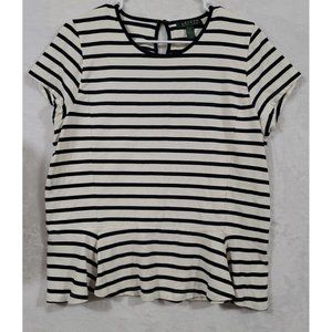 Lauren Ralph Lauren Women's XL Extra Large Black White Stripe Top Blouse Flare